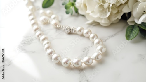 Elegant Pearl Necklace on Marble Surface With Flowers photo