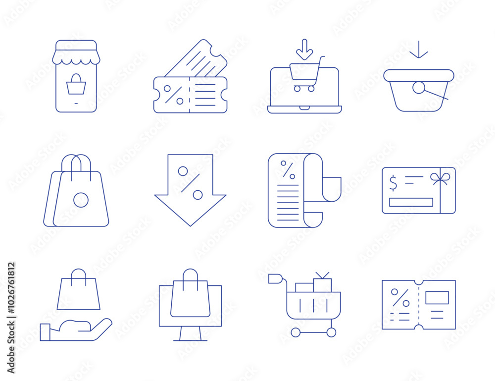 Shopping icons. Thin Line style, editable stroke. online , list, cart, bag, coupon, add, decrease, money, online shop, voucher Shopping icons. Thin Line style, editable stroke. online , list, cart, bag, coupon, add, decrease, money, online shop, voucher