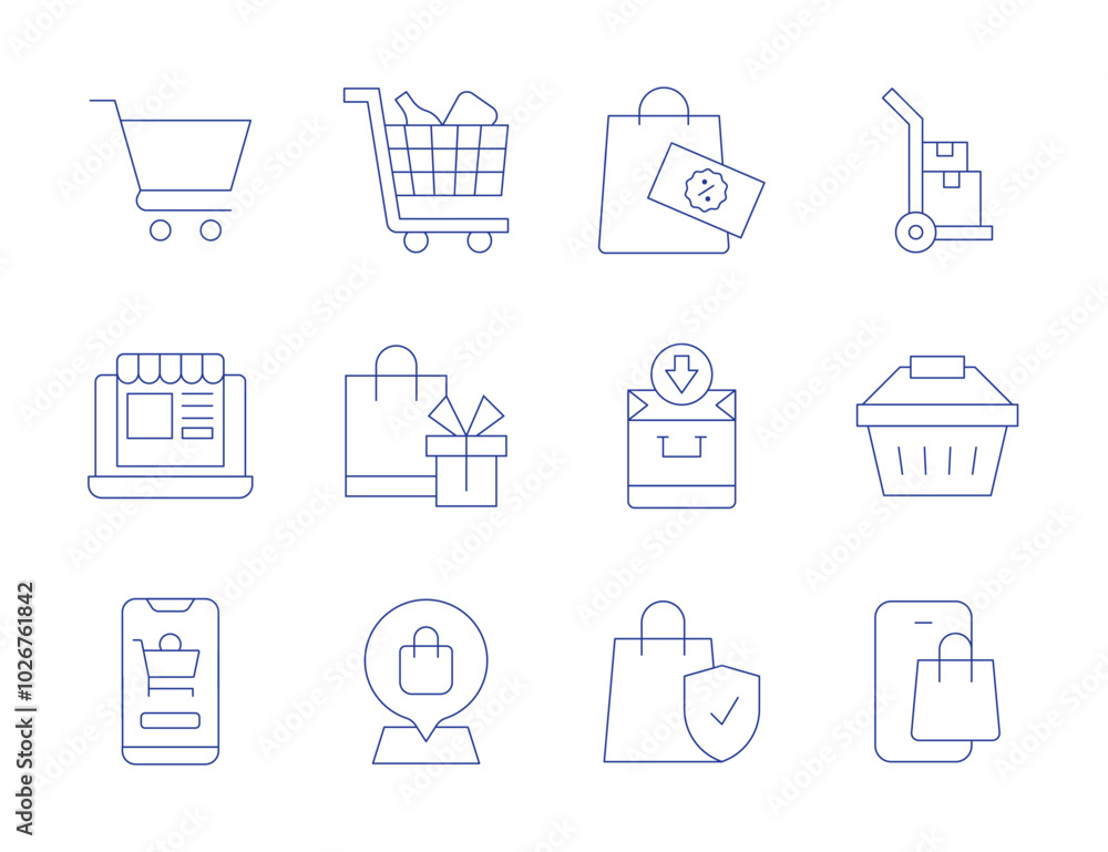 Shopping icons. Thin Line style, editable stroke. online shop, location pin, bag, trolley, discount, trolley cart, cart, online, basket Shopping icons. Thin Line style, editable stroke. online shop, location pin, bag, trolley, discount, trolley cart, cart, online, basket