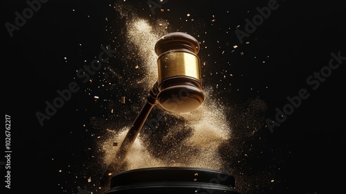 Dramatic Golden Gavel Surrounded by Dust Clouds