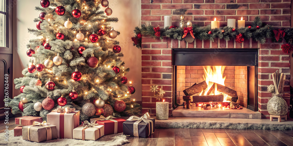 beautifully decorated Christmas tree stands next to a warm fireplace, surrounded by presents, creating a festive holiday scene. beautifully decorated Christmas tree stands next to a warm fireplace, surrounded by presents, creating a festive holiday scene.