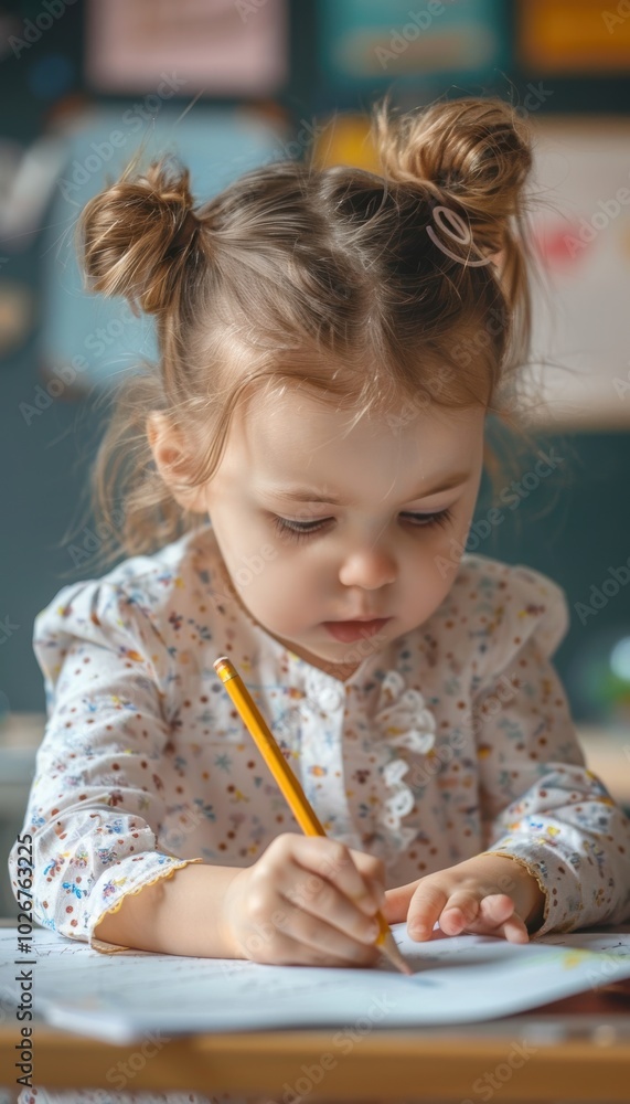 Focused Preschool Child Writing in Calm Classroom - Early Education Concept for Poster or Print Focused Preschool Child Writing in Calm Classroom - Early Education Concept for Poster or Print