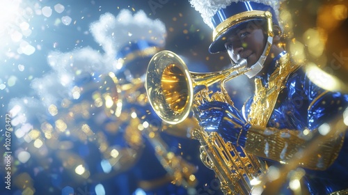 Dynamic Marching Band Performance at American Football Halftime Show with Vibrant Colors and Energetic Atmosphere Under Ultra-Detailed, Cinematic Light