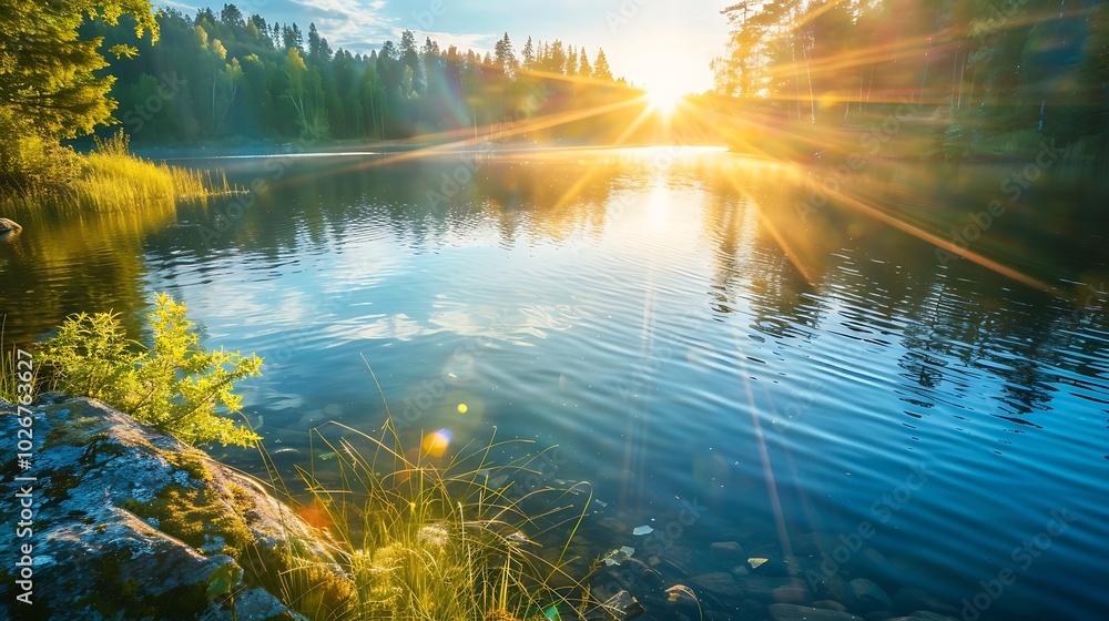Fototapeta premium Detailed view of sunrise shining on a lake shouts from above