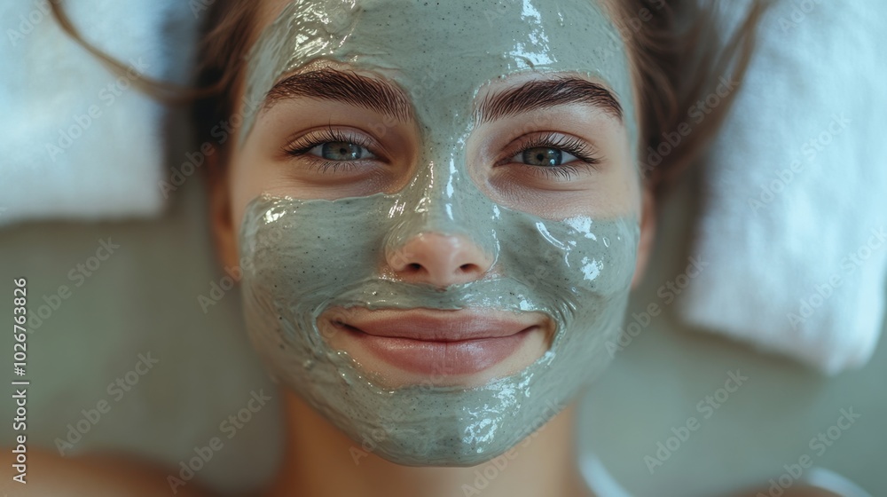 A close up of a smiling young woman with a clay mask on her face laying in spa, facial treatment, fine and delicate cracks, surrounded by all components A close up of a smiling young woman with a clay mask on her face laying in spa, facial treatment, fine and delicate cracks, surrounded by all components
