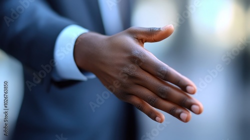 Detailed close up of an open African American hand with palm up in a suit, offering a handshake, welcoming or inviting, blurred background