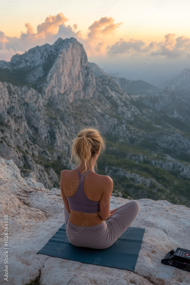 Woman practicing yoga at sunrise on cliff, enjoying peace with breathtaking nature views Woman practicing yoga at sunrise on cliff, enjoying peace with breathtaking nature views