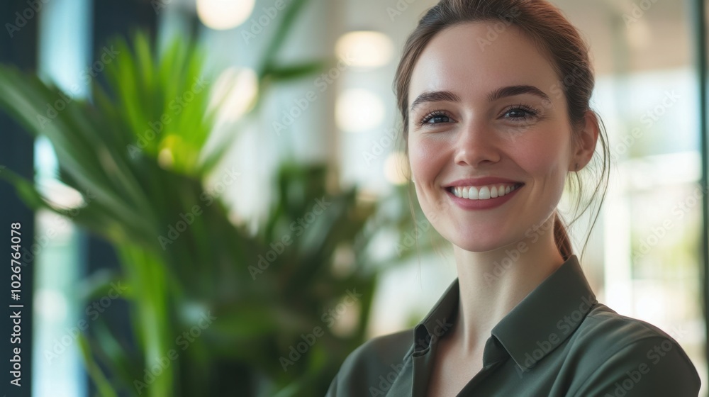 Smiling businesswoman in a modern office, green plant blurred in the background, simple composition with copy space. Smiling businesswoman in a modern office, green plant blurred in the background, simple composition with copy space.