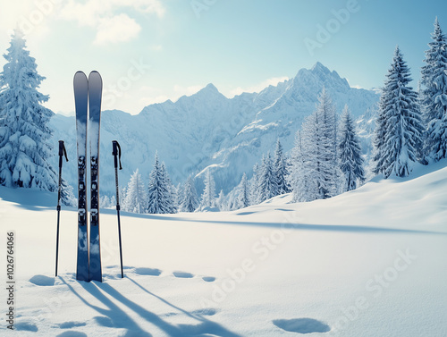 Skis and poles upright in a pristine snow-covered landscape with snow-capped mountains and trees in the background.