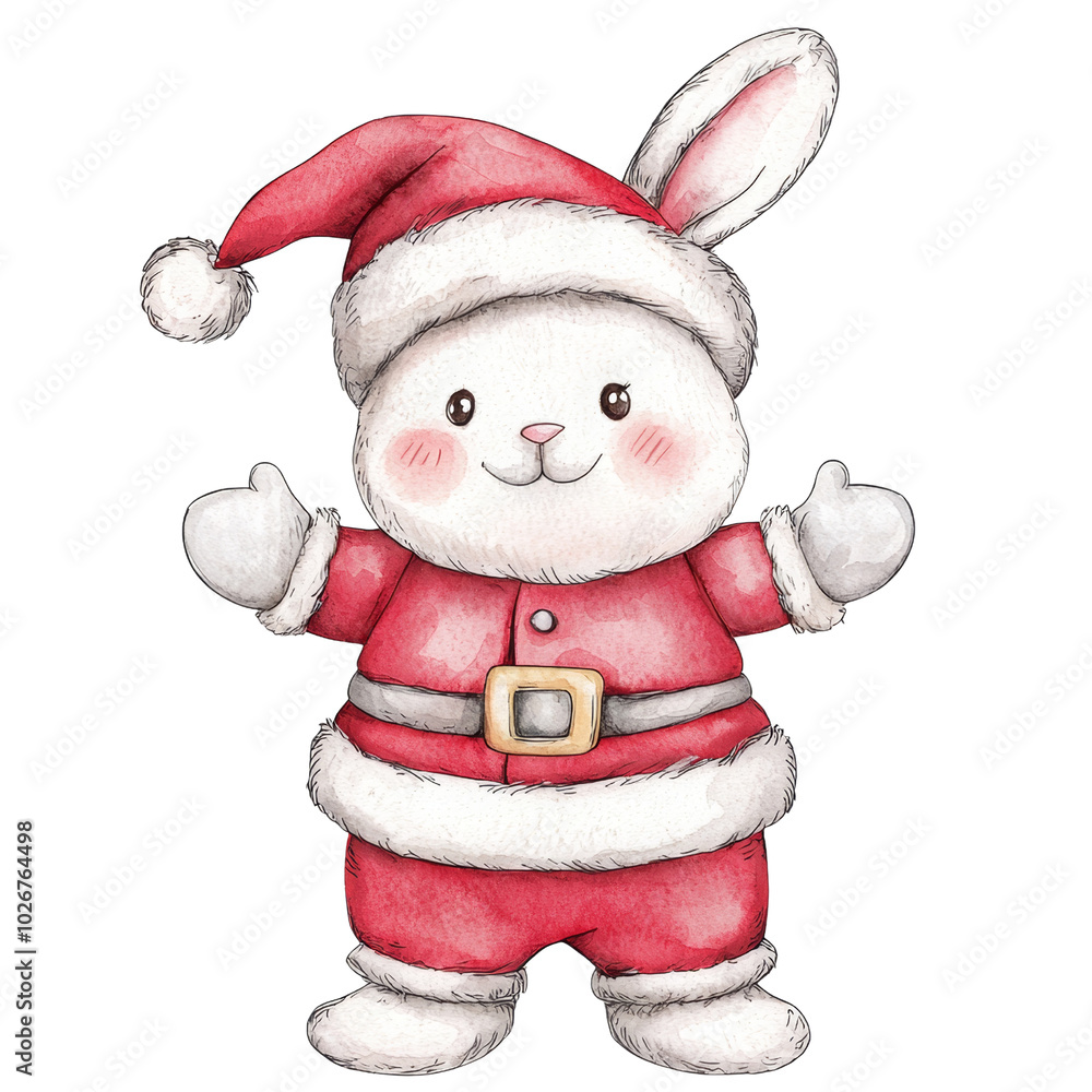 This charming illustration features a joyful bunny dressed as Santa, perfect for holiday decorations, greeting cards, or festive designs celebrating Christmas. This charming illustration features a joyful bunny dressed as Santa, perfect for holiday decorations, greeting cards, or festive designs celebrating Christmas.