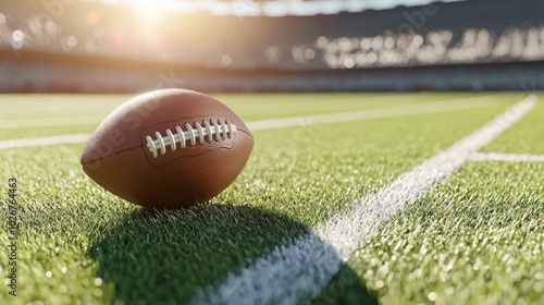 Majestic American Football on 50-Yard Line with Stadium Stands in Blur - Ultra-Detailed, Cinematic Light