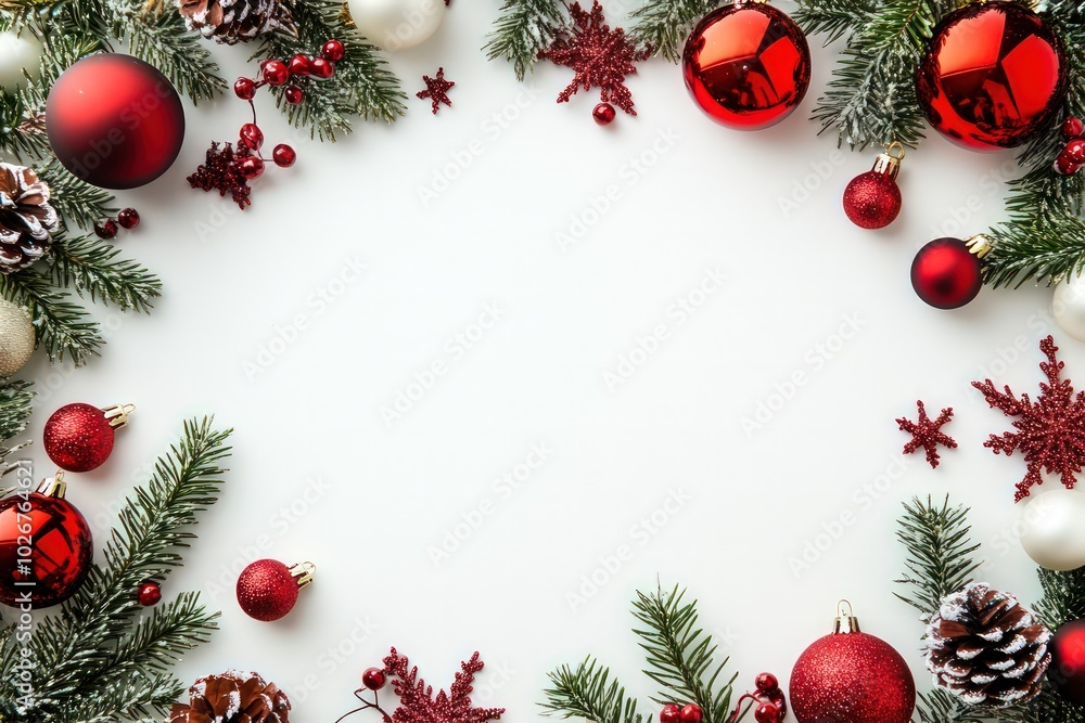 Create a festive Christmas poster background in white, adorned with holiday decorations around the edges, leaving the center blank for content. Create a festive Christmas poster background in white, adorned with holiday decorations around the edges, leaving the center blank for content.