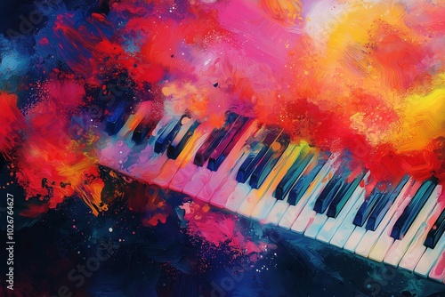 A colorful and artistic interpretation of piano keys set against a vibrant abstract background.