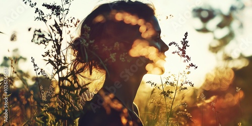 A silhouette of a woman captured amongst wildflowers, backlit by warm sunlight, evokes themes of natural beauty and grace.