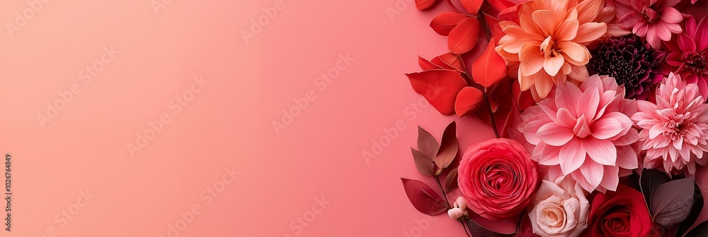 An assortment of vivid flowers on a gradient pink background creating a lively and warm atmosphere. An assortment of vivid flowers on a gradient pink background creating a lively and warm atmosphere.