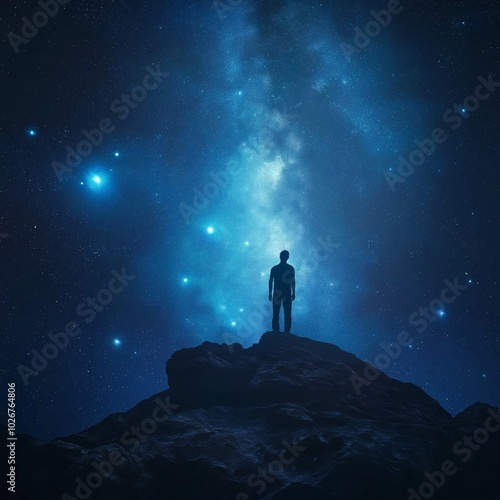 A lone figure stands on a mountain peak gazing at the breathtaking, starry night sky, filled with wonder.