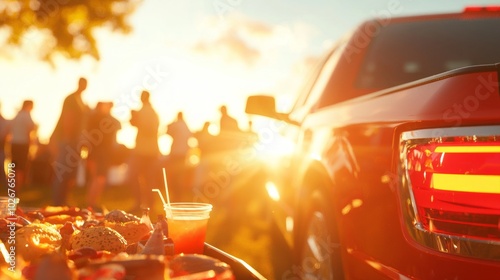 Vibrant Football Tailgating Scene: Enthusiastic Fans Enjoying Pre-Game Festivities with Diverse Food and Drinks under Ultra-Detailed, Cinematic Light