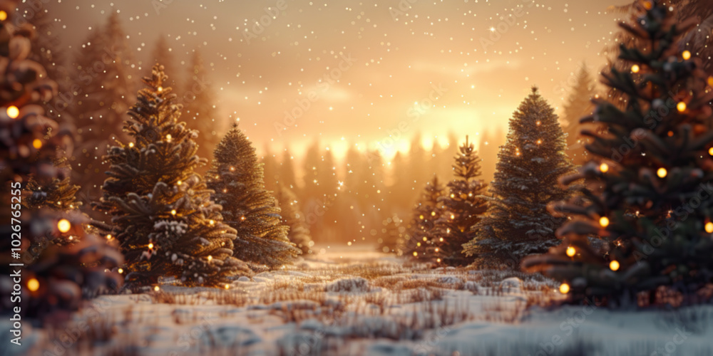 A Christmas tree farm with four christmas trees lined up horizontal and decorated with lights , snowy grass floor, dreamy glow A Christmas tree farm with four christmas trees lined up horizontal and decorated with lights , snowy grass floor, dreamy glow
