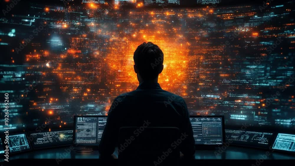 Businessman Interacting with Digital Screens in Futuristic High Tech Data Room, HD high quality. Businessman Interacting with Digital Screens in Futuristic High Tech Data Room, HD high quality.