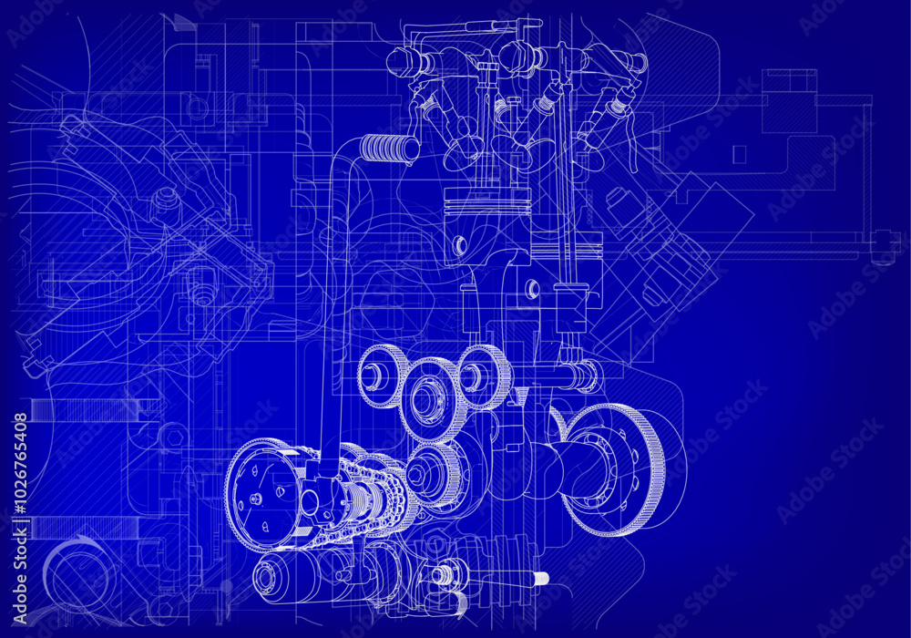 Two-cylinder engine on a blue background. Mechanical engineering. Two-cylinder engine on a blue background. Mechanical engineering.