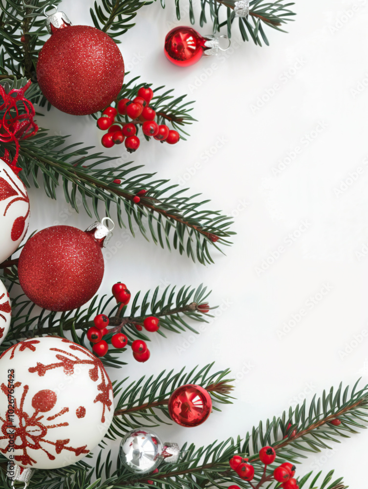 Christmas border with red and white ornaments on pine branches, white background with copy space Christmas border with red and white ornaments on pine branches, white background with copy space