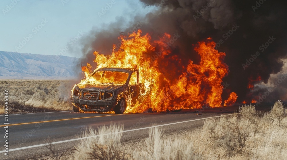 Vehicle on side of road burning with large flames and smoke Vehicle on side of road burning with large flames and smoke