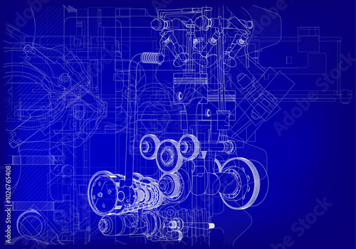 Two-cylinder engine on a blue background. Mechanical engineering.
