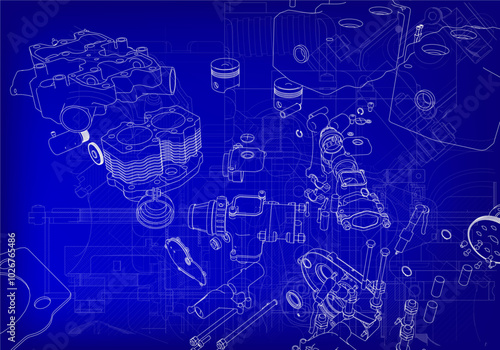 Engine parts on a blue background. Mechanical engineering.