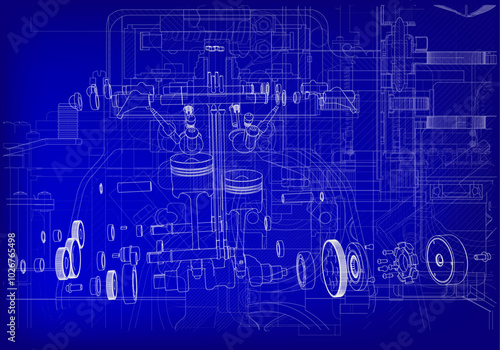 Two-cylinder engine on a blue background. Mechanical engineering.