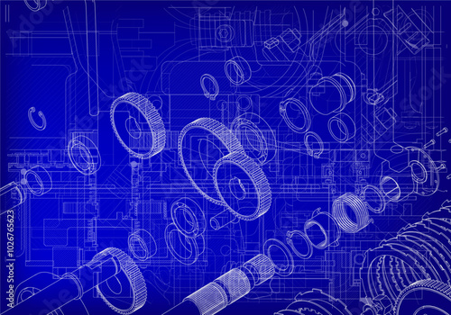 Engine parts on a blue background. Mechanical engineering.
