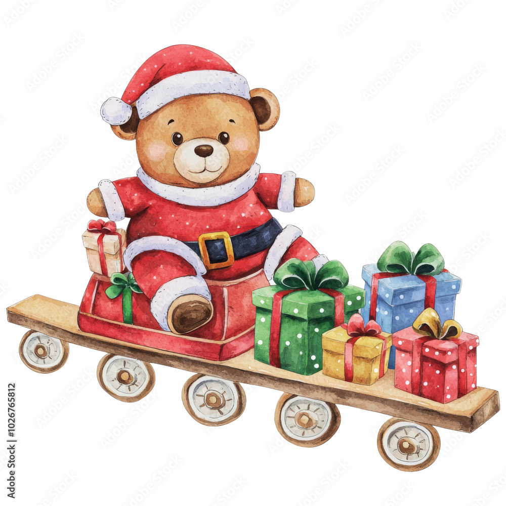 Adorable bear dressed as Santa sits on a wooden cart filled with colorful gifts. Perfect for holiday-themed projects, cards, and decorations. Adorable bear dressed as Santa sits on a wooden cart filled with colorful gifts. Perfect for holiday-themed projects, cards, and decorations.