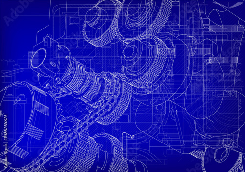 Two-cylinder engine on a blue background.