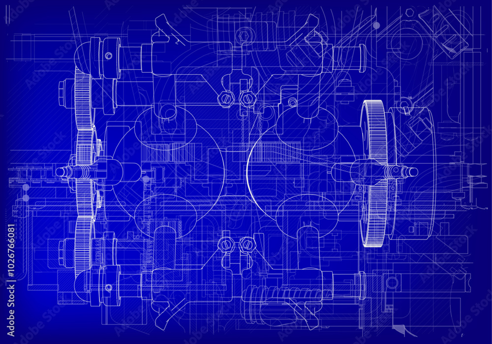 Two-cylinder engine on a blue background. Two-cylinder engine on a blue background.