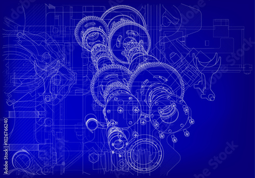 Motorcycle gearbox on blue background.