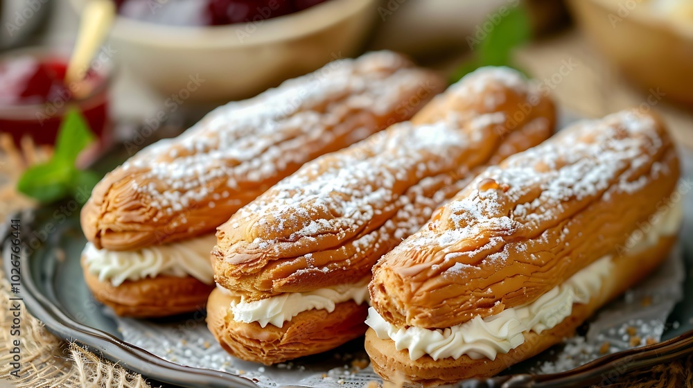 Eclairs with cream filling and a thin jam coating on top Eclairs with cream filling and a thin jam coating on top