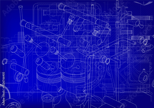 Two-cylinder engine on a blue background.