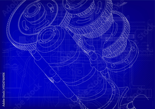 Motorcycle gearbox on blue background.