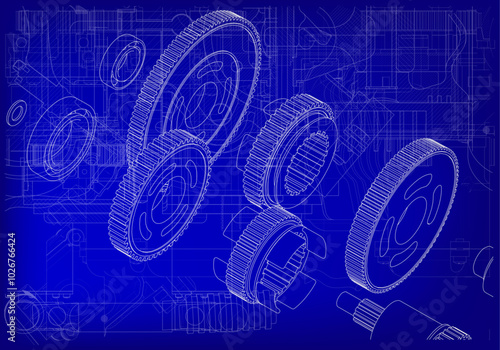Gears on a blue background. Mechanical engineering drawings.