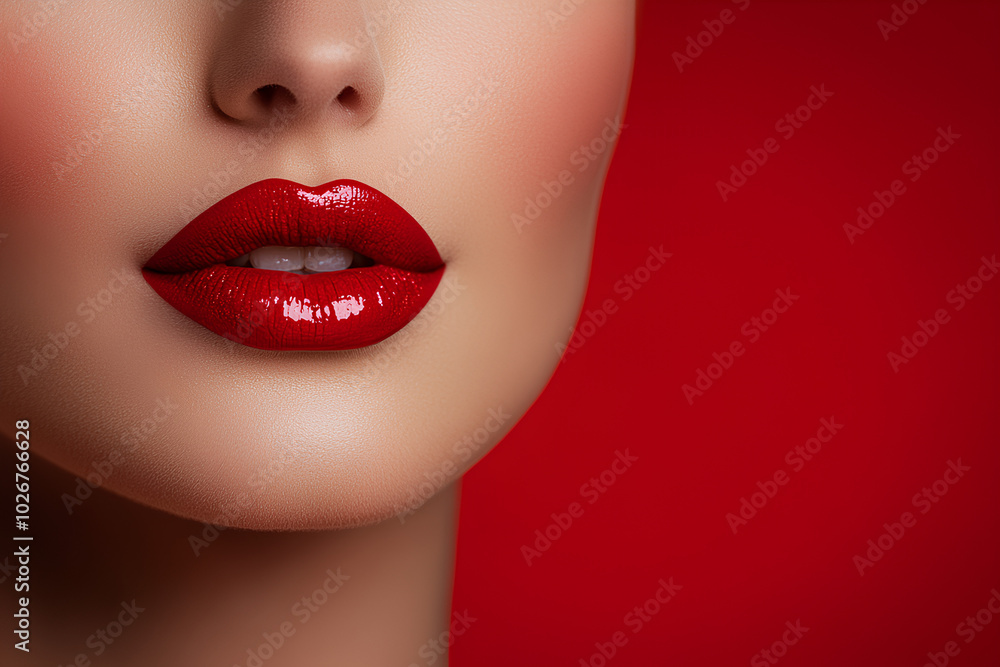Obraz premium Woman with red lipstick is shown with a red background