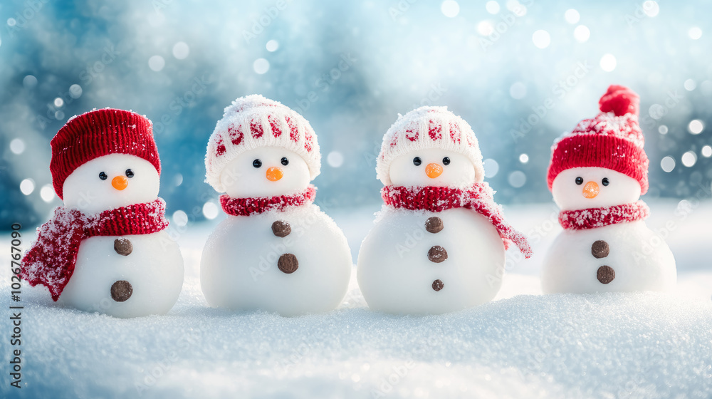 Happy snowman in winter. Christmas background with snow and blurred bokeh with copy space. Happy snowman in winter. Christmas background with snow and blurred bokeh with copy space.