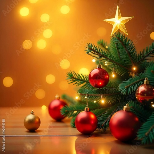 A Christmas tree with red ornaments and a golden star on top, set against a blurred golden background with bokeh lights