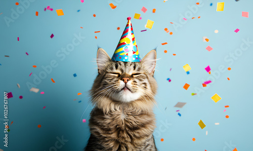 Cat wearing a party hat is standing in front of a blue background with confett photo