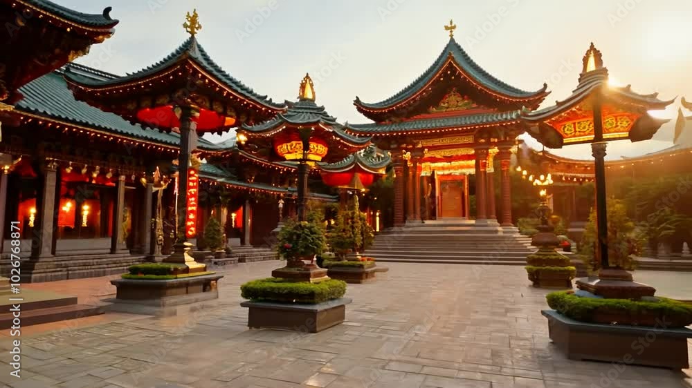 Traditional Chinese temple with red lanterns and intricate carvings. Traditional Chinese temple with red lanterns and intricate carvings.
