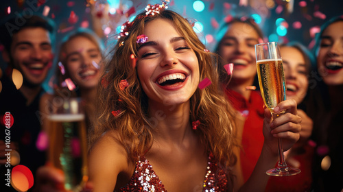 Brindis con champán entre mujeres jóvenes en época de fiestas y celebraciones, navideñas y de Año Nuevo. photo