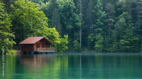 A small wooden cabin sits on stilts in a tranquil lake, surrounded by a lush green forest.