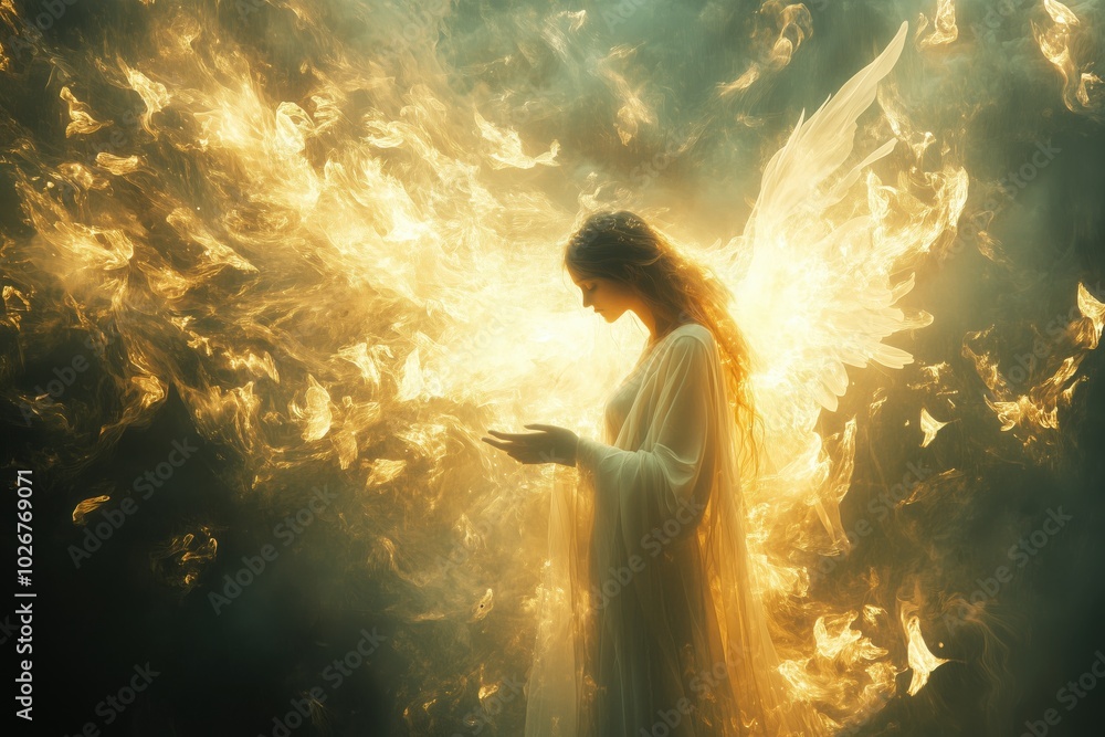 Fototapeta premium A radiant portrayal of the Annunciation, featuring the angel Gabriel emerging before Mary in a brilliant aura of heavenly light