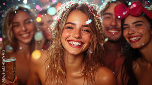 Brindis con champán entre mujeres jóvenes en época de fiestas y celebraciones, navideñas y de Año Nuevo. photo