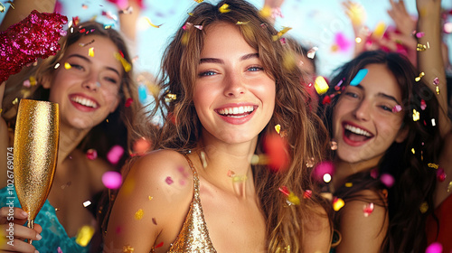 Brindis con champán entre mujeres jóvenes en época de fiestas y celebraciones, navideñas y de Año Nuevo.