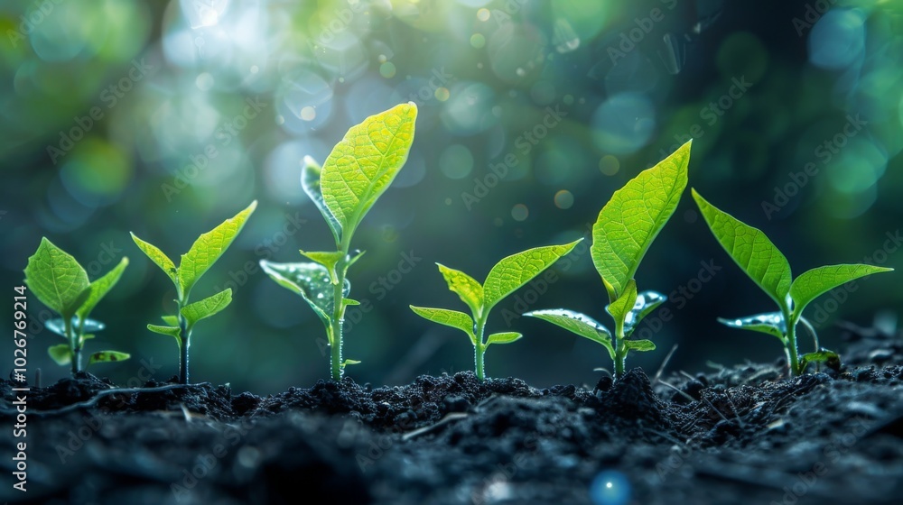 Closeup of green seedlings emerging from the soil, with sunlight filtering through the leaves. Closeup of green seedlings emerging from the soil, with sunlight filtering through the leaves.