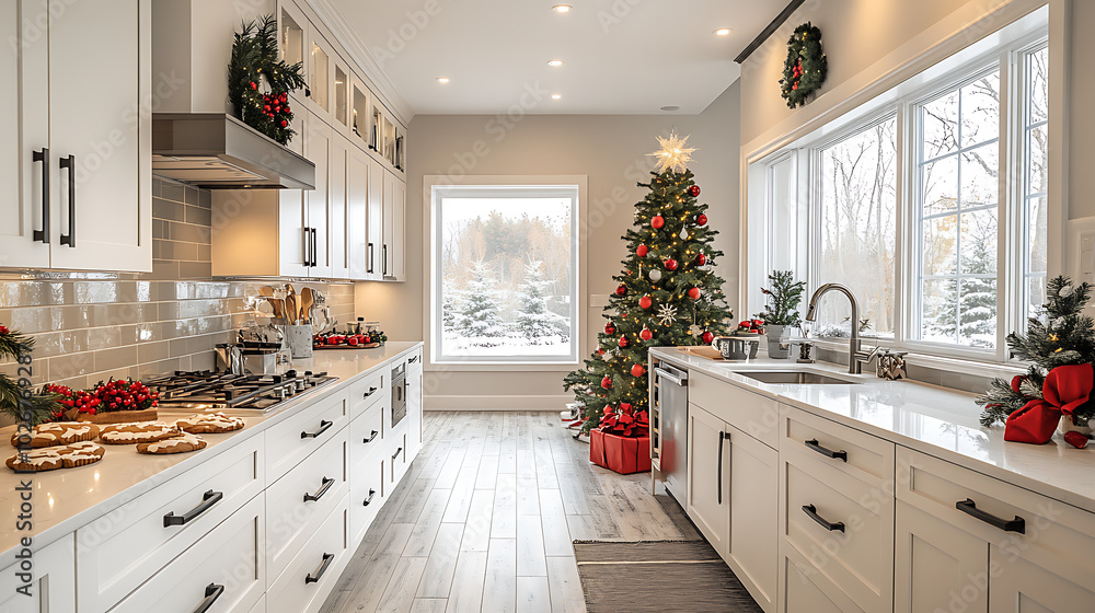 Cozy modern kitchen decorated for Christmas with a festive tree and holiday treats. Cozy modern kitchen decorated for Christmas with a festive tree and holiday treats.
